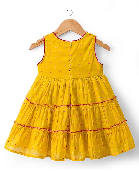 Babyhug Chanderi Woven Sleeveless Ethnic Dress  with Polka Dots & Lace Detailing - Yellow
