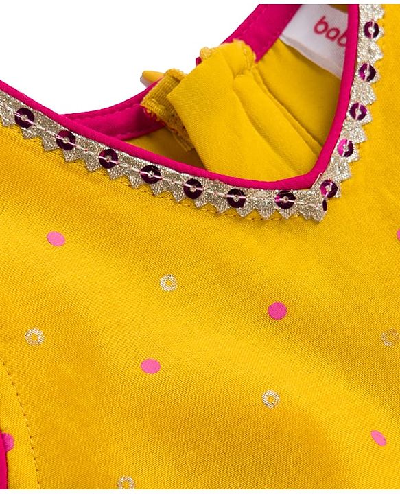 Babyhug Chanderi Woven Sleeveless Ethnic Dress  with Polka Dots & Lace Detailing - Yellow