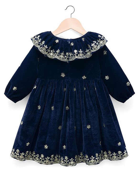 Babyhug Velvet Woven Full Sleeves Floral Embroidered & Sequinned Ethnic Dress- Navy
