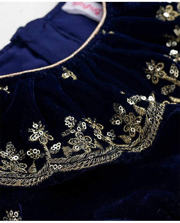 Babyhug Velvet Woven Full Sleeves Floral Embroidered & Sequinned Ethnic Dress- Navy