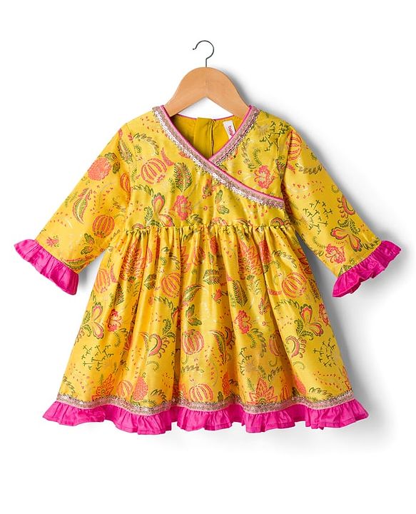 Babyhug Cambric Woven Three Fourth Sleeves Ethnic Dress With Floral Print &With Embroidery Yoke - Yellow