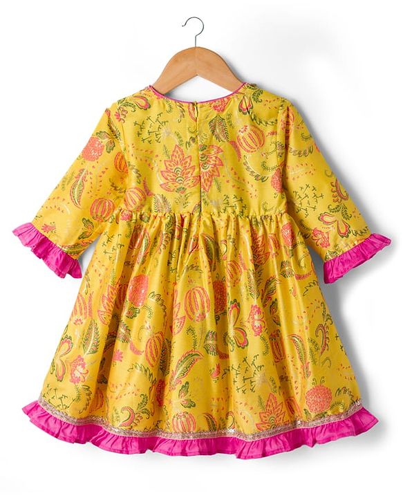 Babyhug Cambric Woven Three Fourth Sleeves Ethnic Dress With Floral Print &With Embroidery Yoke - Yellow