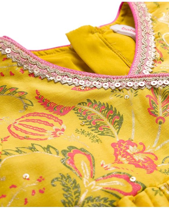 Babyhug Cambric Woven Three Fourth Sleeves Ethnic Dress With Floral Print &With Embroidery Yoke - Yellow