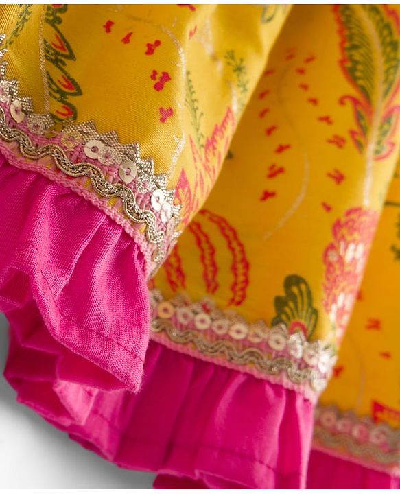 Babyhug Cambric Woven Three Fourth Sleeves Ethnic Dress With Floral Print &With Embroidery Yoke - Yellow