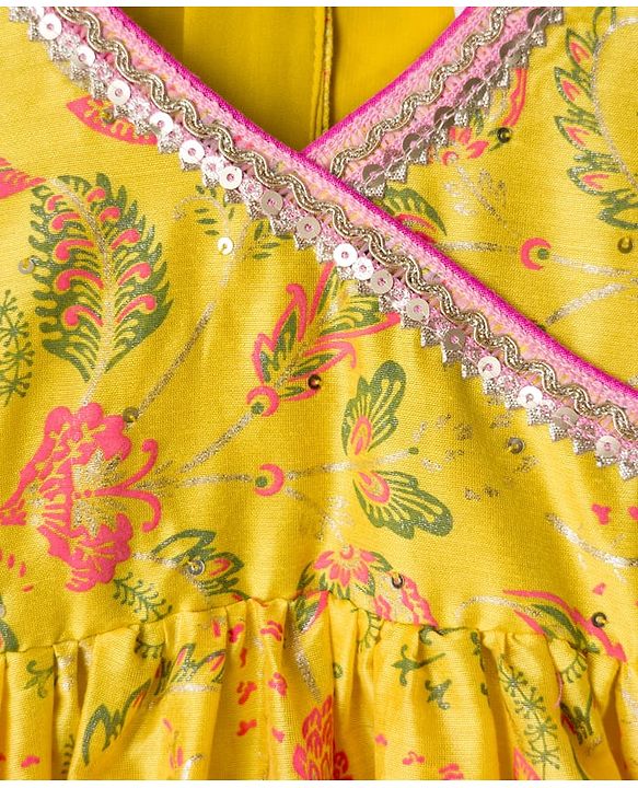 Babyhug Cambric Woven Three Fourth Sleeves Ethnic Dress With Floral Print &With Embroidery Yoke - Yellow