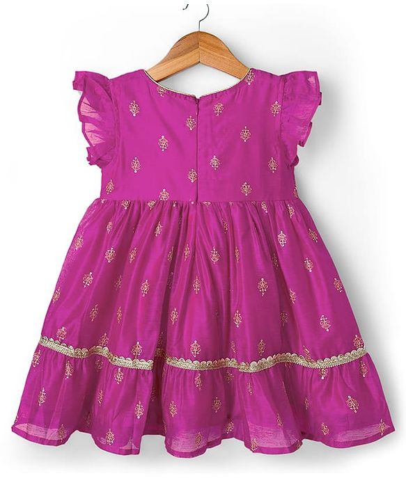 Babyhug Woven Frill Sleeves Ethnic Dress With Floral Embroidery & Sequin Detailing - Fuchsia