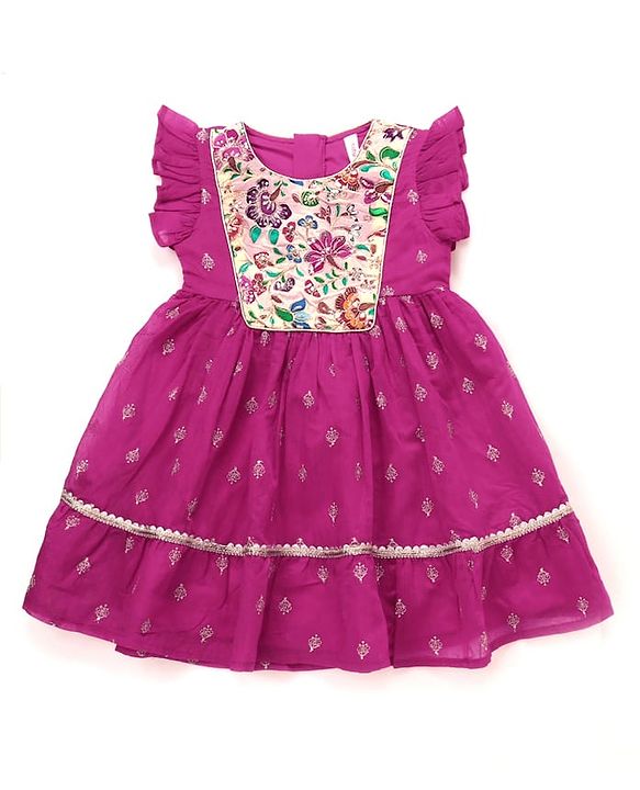 Babyhug Woven Frill Sleeves Ethnic Dress With Floral Embroidery & Sequin Detailing - Fuchsia