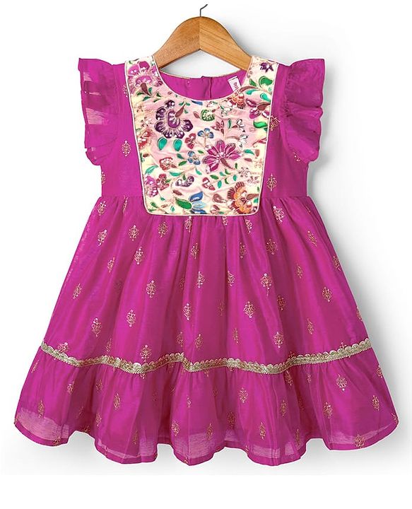 Babyhug Woven Frill Sleeves Ethnic Dress With Floral Embroidery & Sequin Detailing - Fuchsia