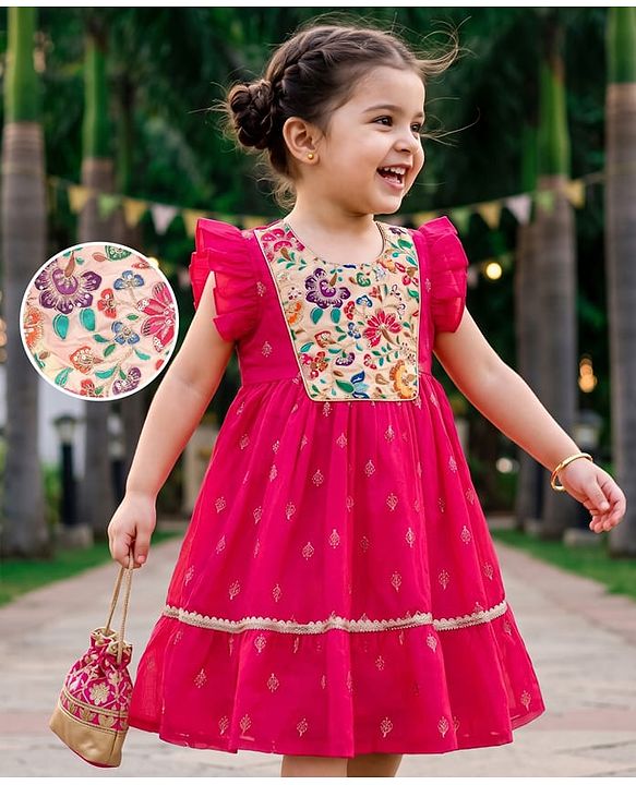 Babyhug Woven Frill Sleeves Ethnic Dress With Floral Embroidery & Sequin Detailing - Fuchsia
