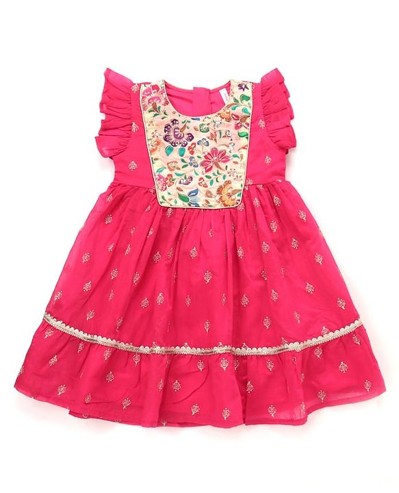 Babyhug Woven Frill Sleeves Ethnic Dress With Floral Embroidery & Sequin Detailing - Fuchsia