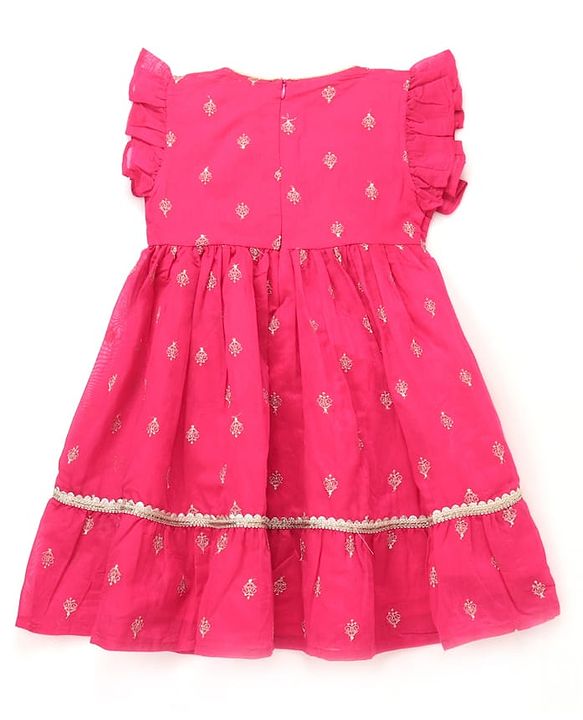 Babyhug Woven Frill Sleeves Ethnic Dress With Floral Embroidery & Sequin Detailing - Fuchsia