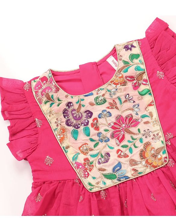 Babyhug Woven Frill Sleeves Ethnic Dress With Floral Embroidery & Sequin Detailing - Fuchsia