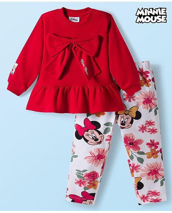 Babyhug Disney Terry Knit Drop Shoulder Full Sleeves Sweatshirt & Leggings Set with Minnie Mouse Graphic & Bow Applique - Red & White