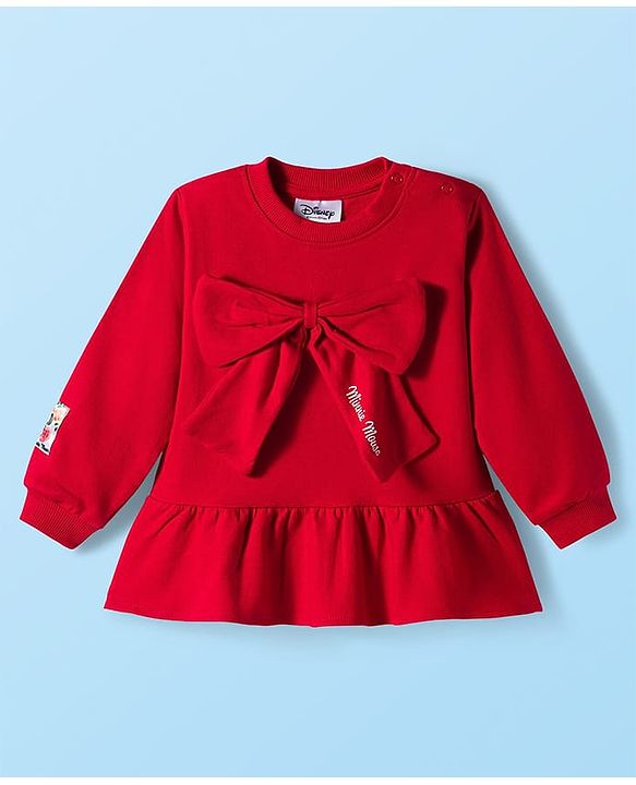 Babyhug Disney Terry Knit Drop Shoulder Full Sleeves Sweatshirt & Leggings Set with Minnie Mouse Graphic & Bow Applique - Red & White