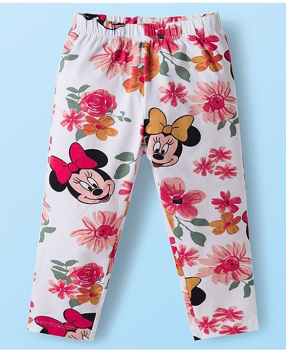 Babyhug Disney Terry Knit Drop Shoulder Full Sleeves Sweatshirt & Leggings Set with Minnie Mouse Graphic & Bow Applique - Red & White