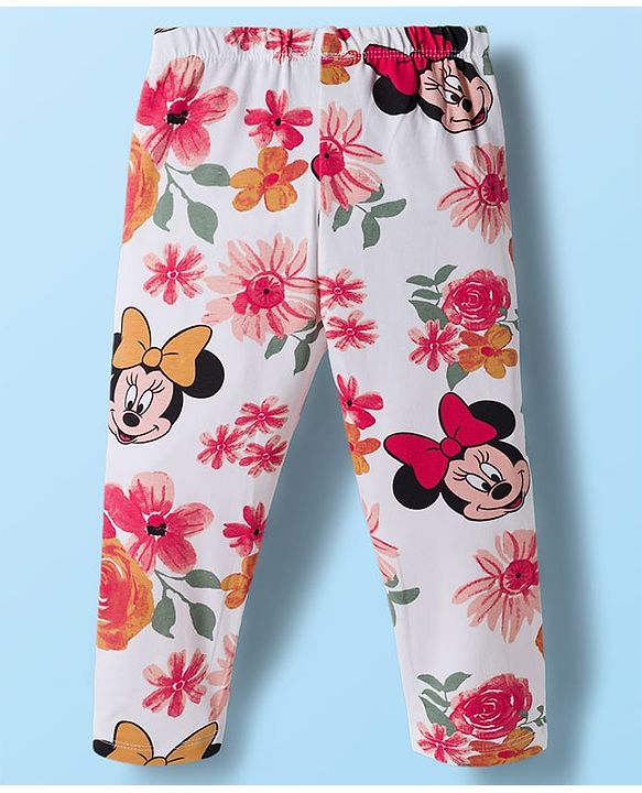 Babyhug Disney Terry Knit Drop Shoulder Full Sleeves Sweatshirt & Leggings Set with Minnie Mouse Graphic & Bow Applique - Red & White