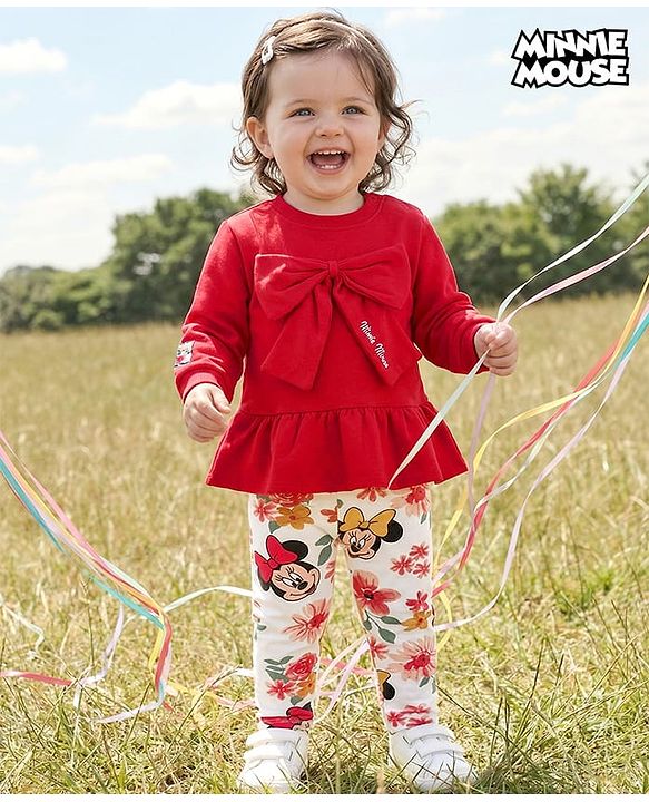 Babyhug Disney Terry Knit Drop Shoulder Full Sleeves Sweatshirt & Leggings Set with Minnie Mouse Graphic & Bow Applique - Red & White