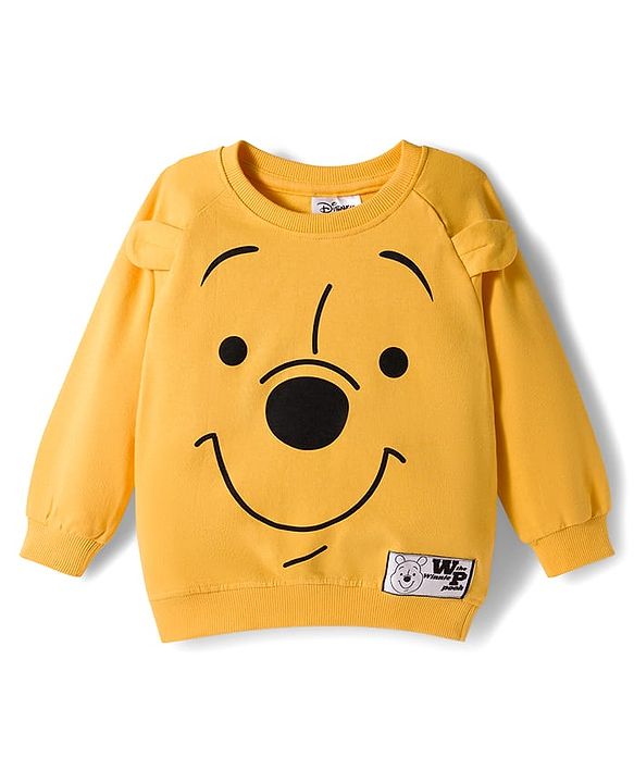 Babyhug Disney Terry Knit Drop Shoulder Full Raglan Sleeves Sweatshirt & Lounge Pant Set with Winnie the Pooh Graphic & Ear Applique - Yellow