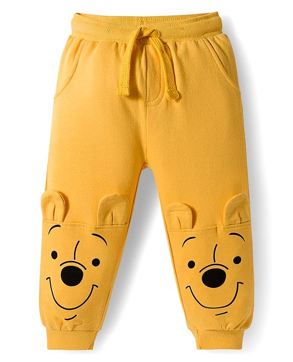 Babyhug Disney Terry Knit Drop Shoulder Full Raglan Sleeves Sweatshirt & Lounge Pant Set with Winnie the Pooh Graphic & Ear Applique - Yellow