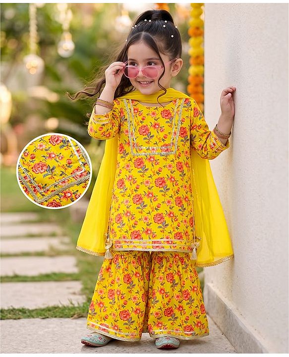 Babyhug Cambric Woven Three Fourth Sleeves  Floral Printed Kurta Gharara Set with Dupatta -  Mustard