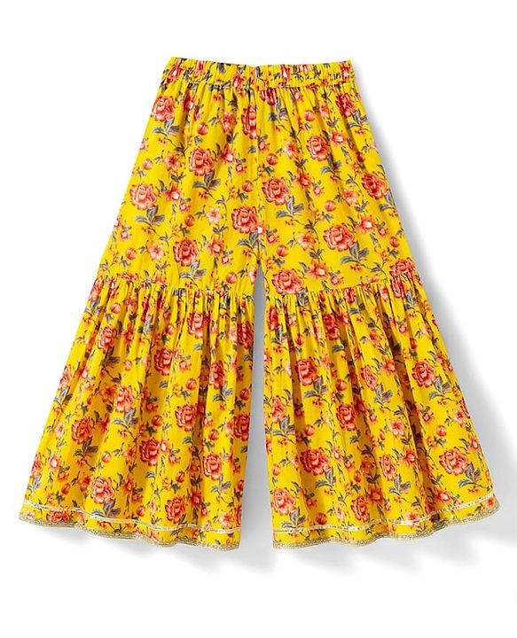 Babyhug Cambric Woven Three Fourth Sleeves  Floral Printed Kurta Gharara Set with Dupatta -  Mustard