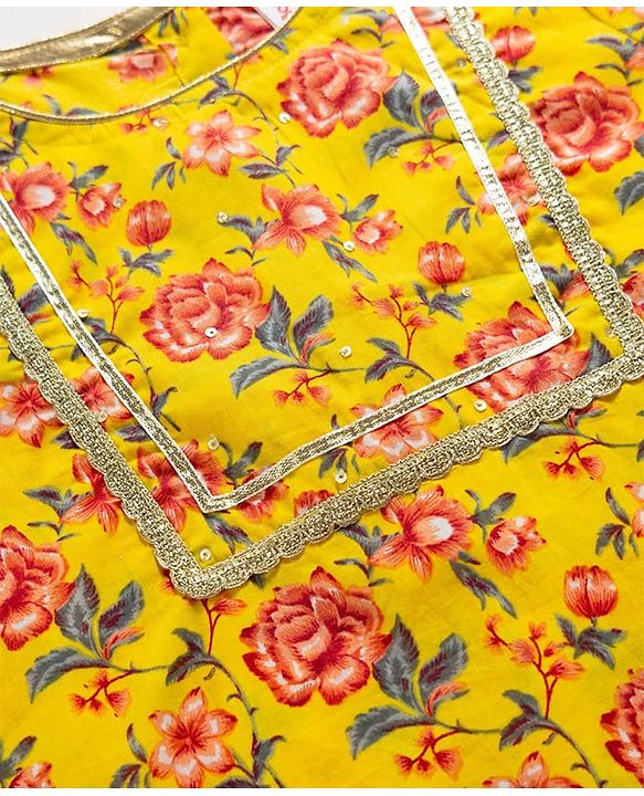 Babyhug Cambric Woven Three Fourth Sleeves  Floral Printed Kurta Gharara Set with Dupatta -  Mustard