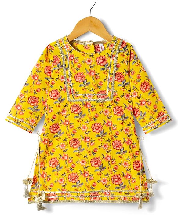 Babyhug Cambric Woven Three Fourth Sleeves  Floral Printed Kurta Gharara Set with Dupatta -  Mustard