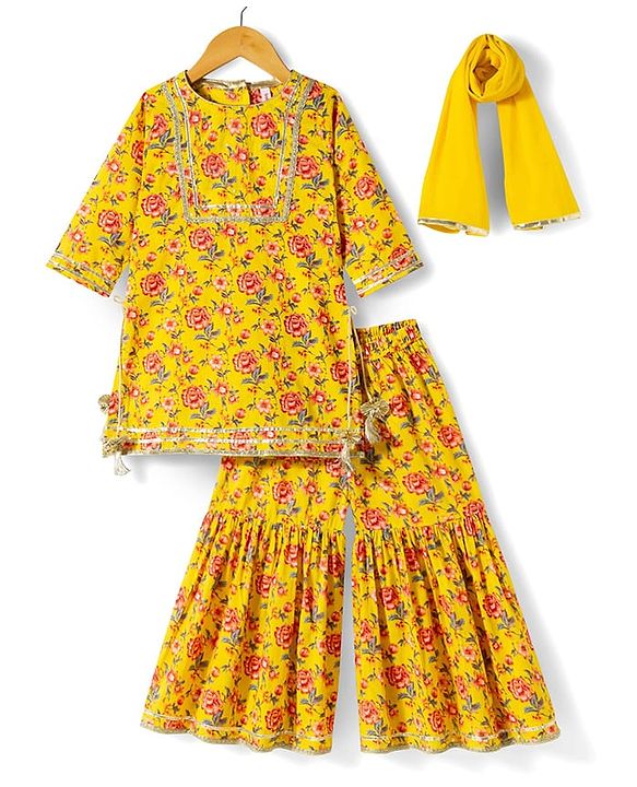 Babyhug Cambric Woven Three Fourth Sleeves  Floral Printed Kurta Gharara Set with Dupatta -  Mustard