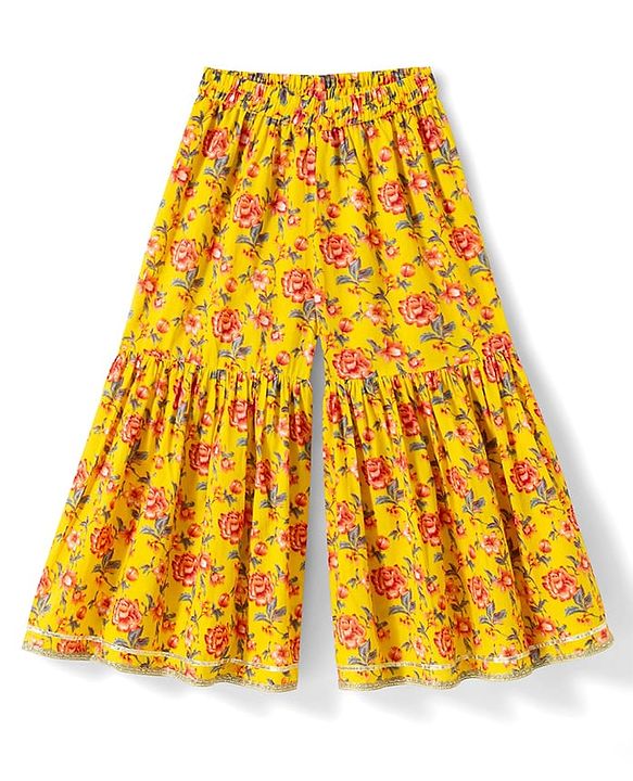Babyhug Cambric Woven Three Fourth Sleeves  Floral Printed Kurta Gharara Set with Dupatta -  Mustard