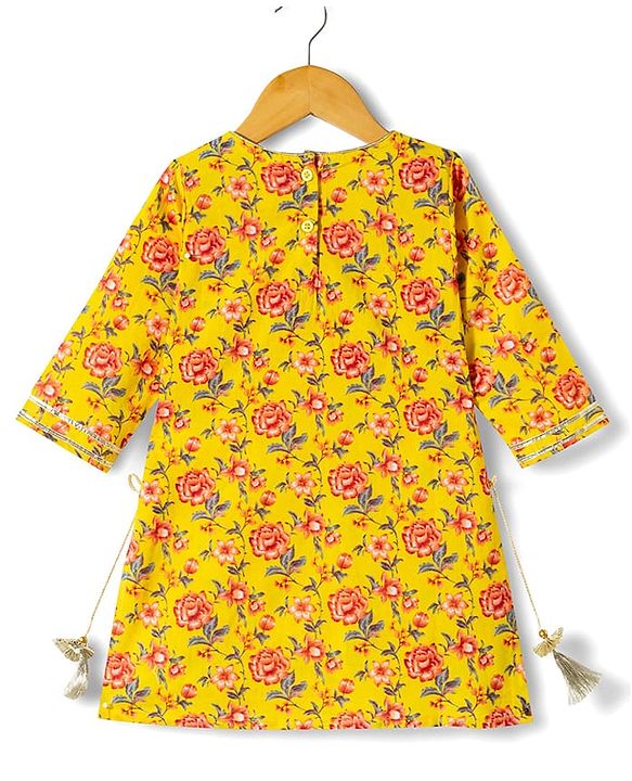 Babyhug Cambric Woven Three Fourth Sleeves  Floral Printed Kurta Gharara Set with Dupatta -  Mustard