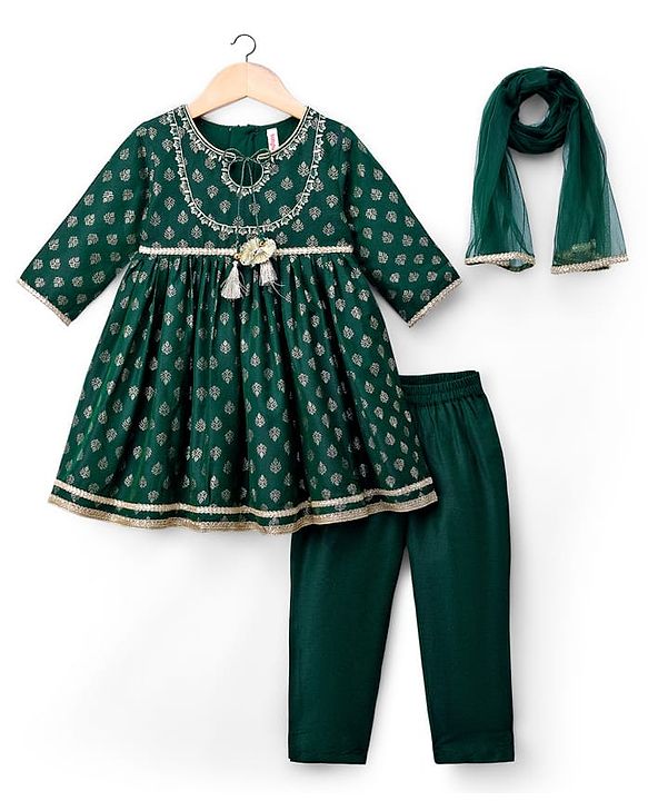 Babyhug Woven Three Fourth Sleeves Kurti Salwar Set With Foil Floral Print & Dupatta - Green