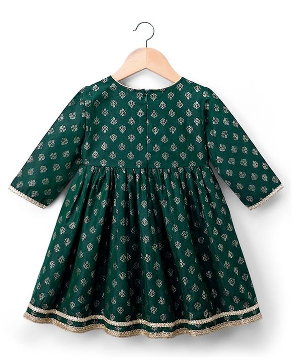 Babyhug Woven Three Fourth Sleeves Kurti Salwar Set With Foil Floral Print & Dupatta - Green