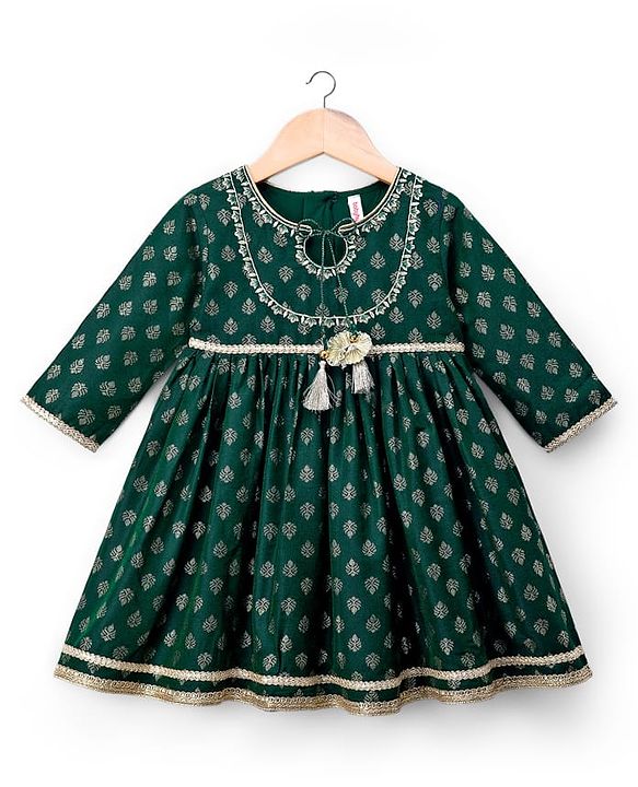 Babyhug Woven Three Fourth Sleeves Kurti Salwar Set With Foil Floral Print & Dupatta - Green