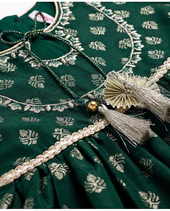Babyhug Woven Three Fourth Sleeves Kurti Salwar Set With Foil Floral Print & Dupatta - Green