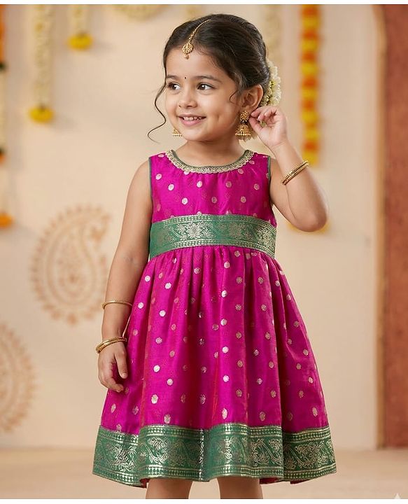 Babyhug Cotton Blend Woven Sleeveless Foil Printed Ethnic Dress - Fuchsia