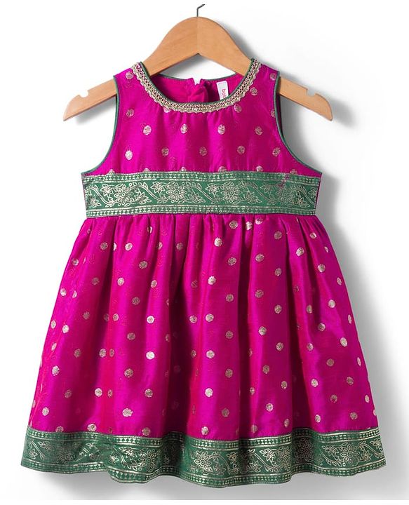 Babyhug Cotton Blend Woven Sleeveless Foil Printed Ethnic Dress - Fuchsia