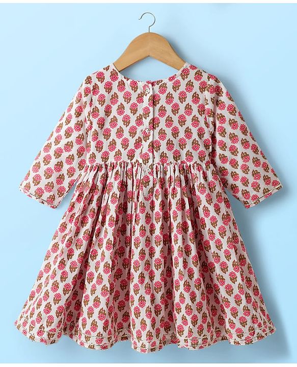 Babyhug Cambric Woven Three Fourth Sleeves Ethnic Dress With Floral Print - Off White