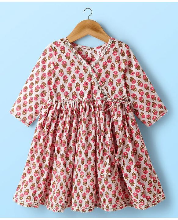 Babyhug Cambric Woven Three Fourth Sleeves Ethnic Dress With Floral Print - Off White