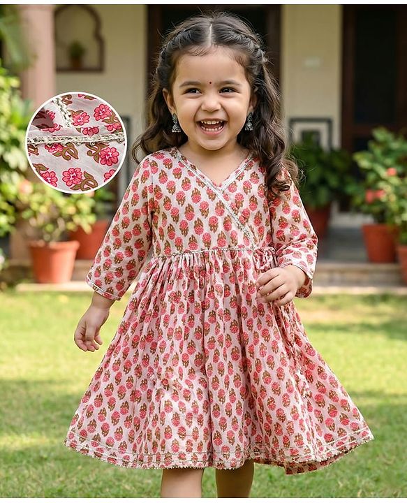 Babyhug Cambric Woven Three Fourth Sleeves Ethnic Dress With Floral Print - Off White