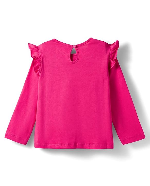 Babyhug 100% Cotton Knit Full Sleeves Top with Frill & Floral Print - Dark Pink
