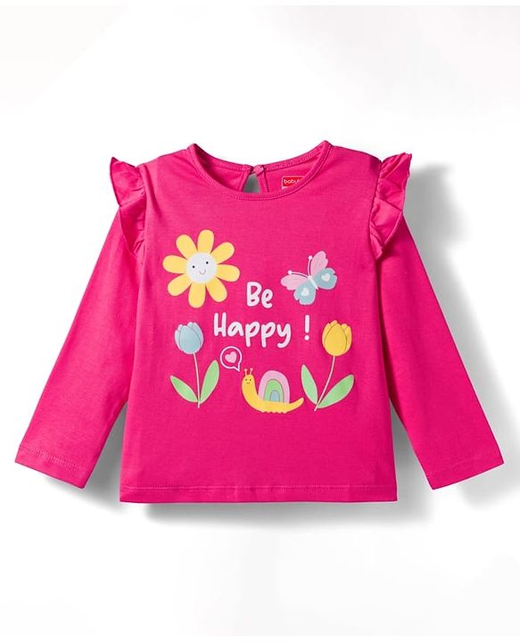 Babyhug 100% Cotton Knit Full Sleeves Top with Frill & Floral Print - Dark Pink