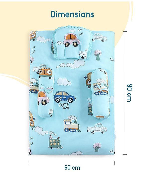 Babyhug 100% Cotton Gadda Bedding Set Cute Car Print - Sea Green| Soft & Breathable Cotton Shell| Mattress with Pillow & 2 Bolsters| Gentle Cushioned Support| Gifting Option for 0to12 Months