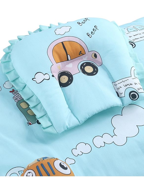 Babyhug 100% Cotton Gadda Bedding Set Cute Car Print - Sea Green| Soft & Breathable Cotton Shell| Mattress with Pillow & 2 Bolsters| Gentle Cushioned Support| Gifting Option for 0to12 Months