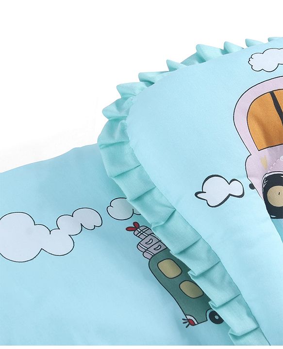 Babyhug 100% Cotton Gadda Bedding Set Cute Car Print - Sea Green| Soft & Breathable Cotton Shell| Mattress with Pillow & 2 Bolsters| Gentle Cushioned Support| Gifting Option for 0to12 Months