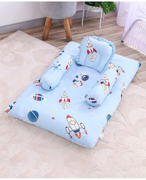Babyhug 100% Cotton Gadda Bedding Set Cute Car Print - Sea Green| Soft & Breathable Cotton Shell| Mattress with Pillow & 2 Bolsters| Gentle Cushioned Support| Gifting Option for 0to12 Months