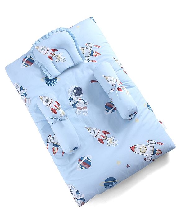 Babyhug 100% Cotton Gadda Bedding Set Cute Car Print - Sea Green| Soft & Breathable Cotton Shell| Mattress with Pillow & 2 Bolsters| Gentle Cushioned Support| Gifting Option for 0to12 Months