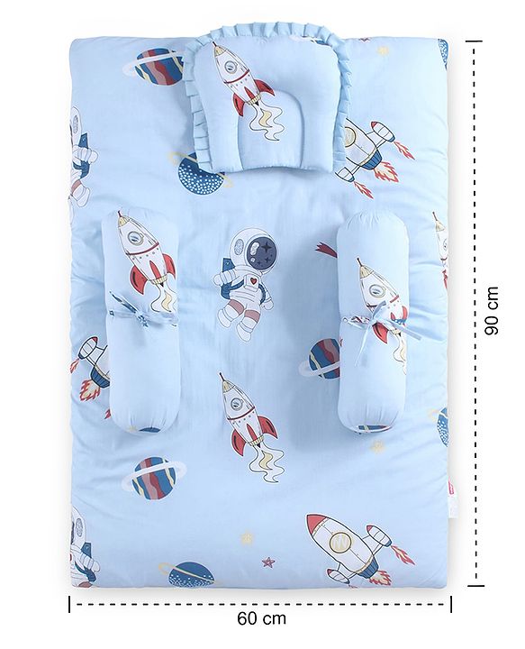 Babyhug 100% Cotton Gadda Bedding Set Cute Car Print - Sea Green| Soft & Breathable Cotton Shell| Mattress with Pillow & 2 Bolsters| Gentle Cushioned Support| Gifting Option for 0to12 Months