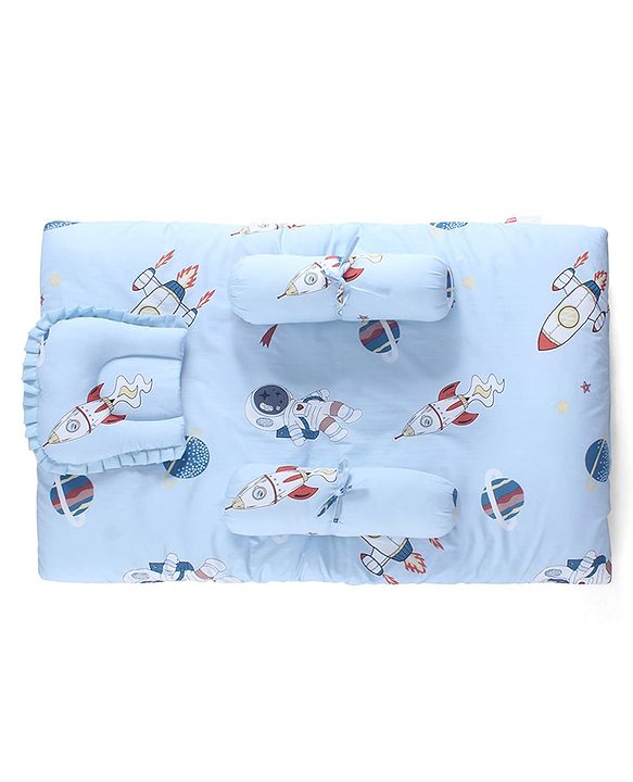 Babyhug 100% Cotton Gadda Bedding Set Cute Car Print - Sea Green| Soft & Breathable Cotton Shell| Mattress with Pillow & 2 Bolsters| Gentle Cushioned Support| Gifting Option for 0to12 Months