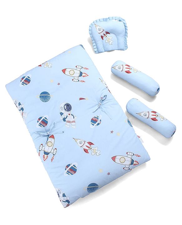 Babyhug 100% Cotton Gadda Bedding Set Cute Car Print - Sea Green| Soft & Breathable Cotton Shell| Mattress with Pillow & 2 Bolsters| Gentle Cushioned Support| Gifting Option for 0to12 Months