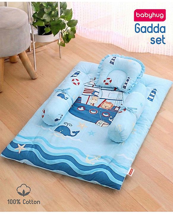 Babyhug 100% Cotton Gadda Bedding Set Cute Car Print - Sea Green| Soft & Breathable Cotton Shell| Mattress with Pillow & 2 Bolsters| Gentle Cushioned Support| Gifting Option for 0to12 Months